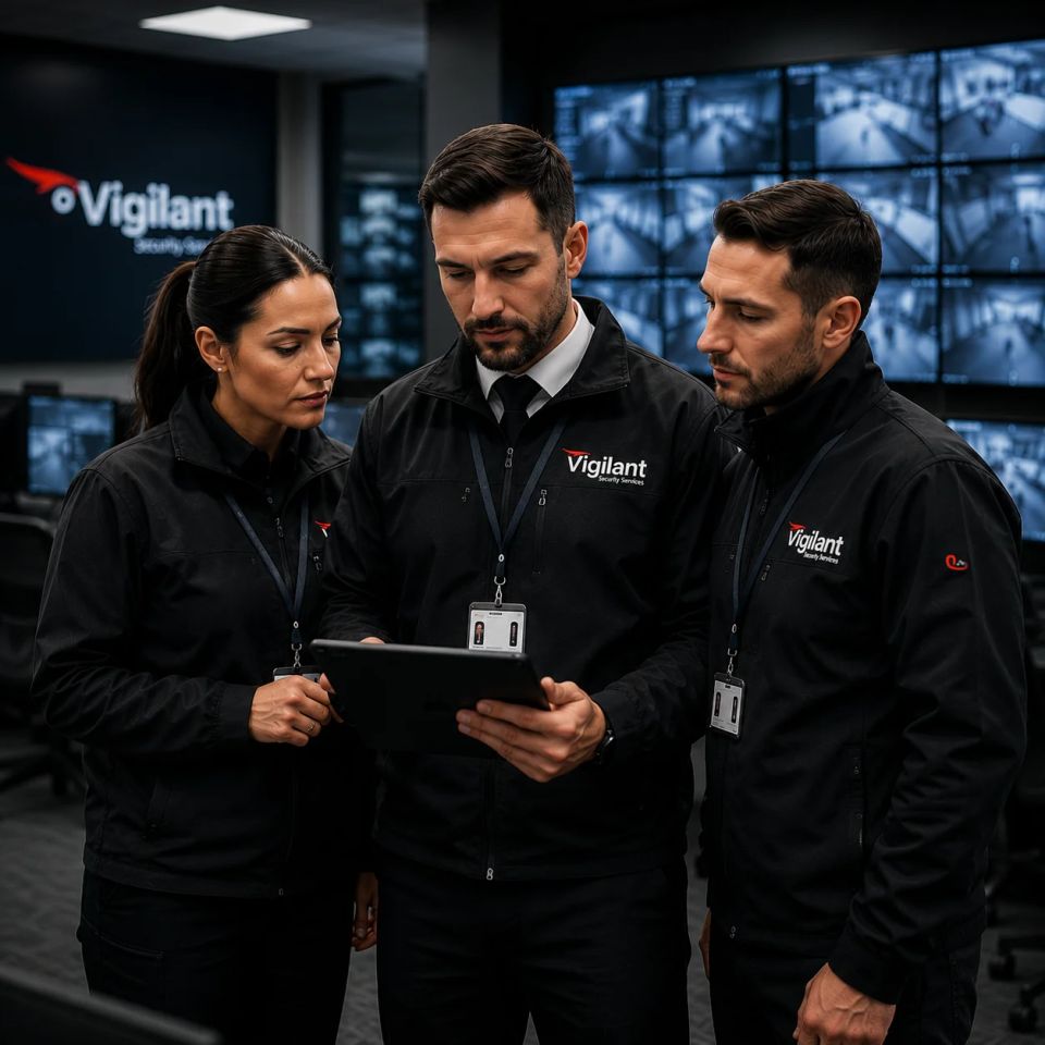 Security supervisors briefing on a tablet in the operations control room