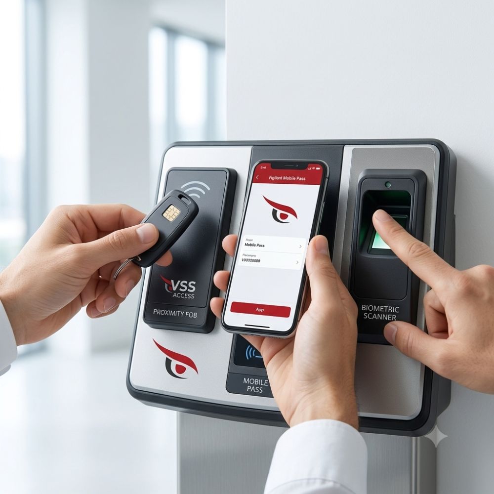 Fingerprint scanner, proximity fob and mobile credential on an access control reader