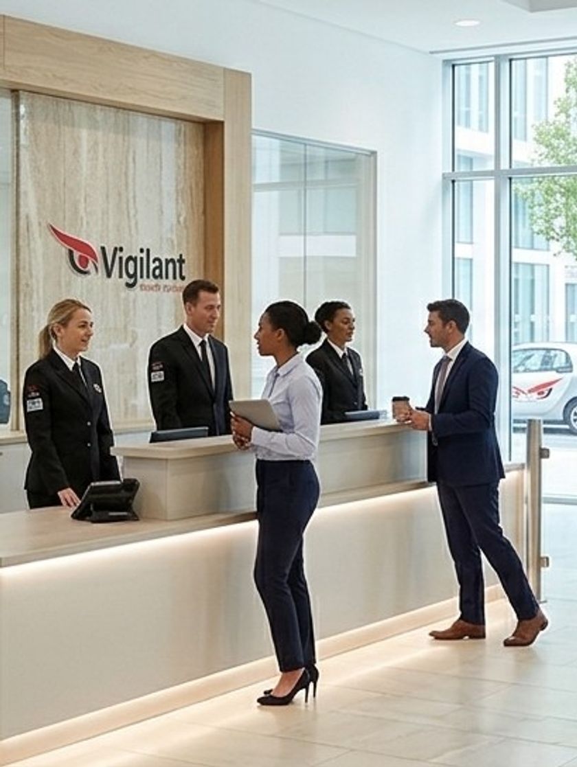 Front-of-house security officers assisting visitors at a corporate reception desk