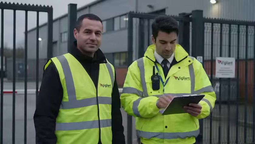 Two officers in high-visibility jackets reviewing a checklist at a site gate