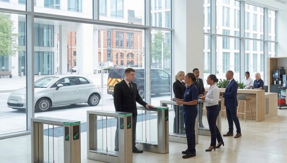Security officers managing visitor entry at the turnstiles of a public building lobby