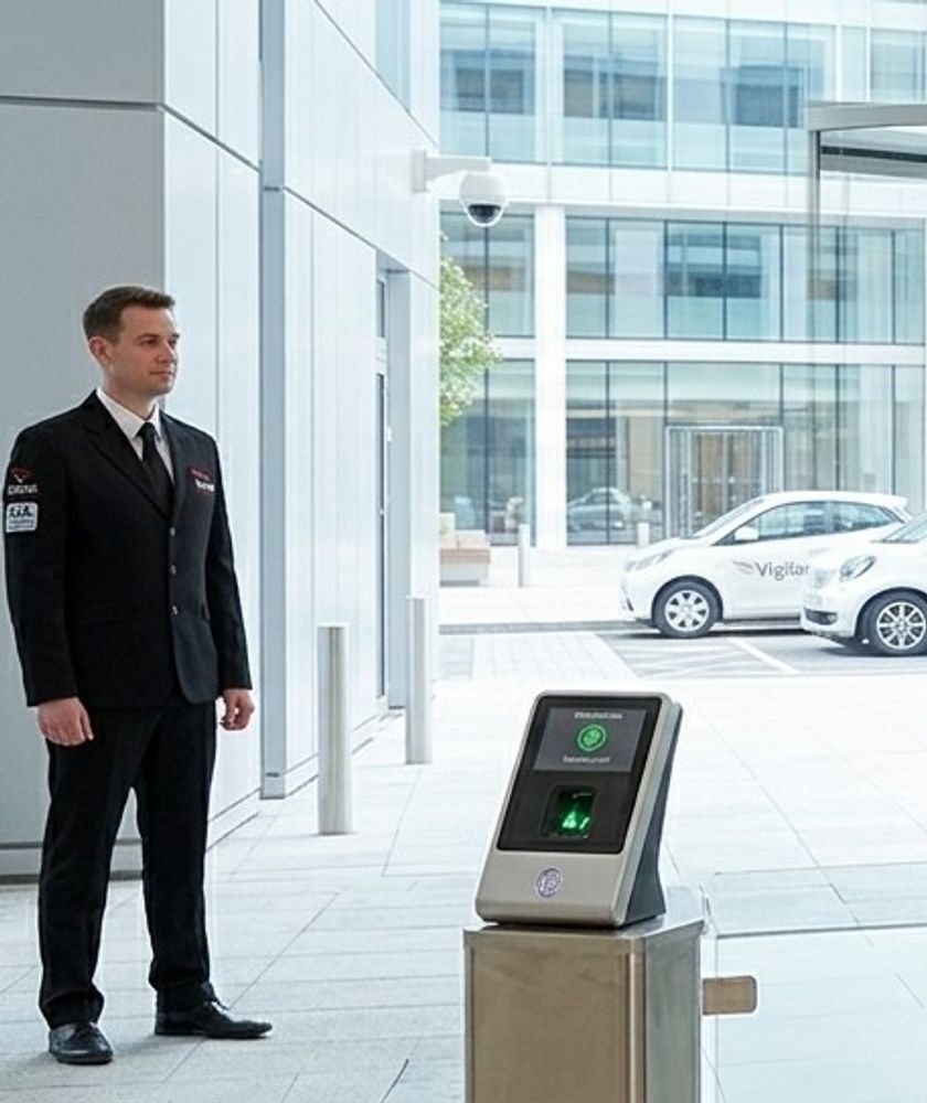 Uniformed security officer on duty beside an access control terminal outside an office building