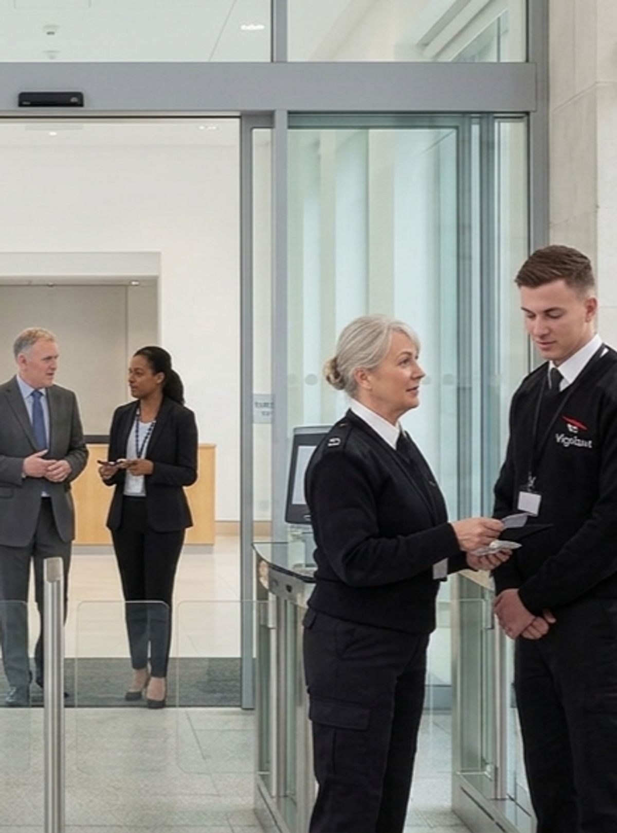 Security officers checking a visitor pass at the entrance gates of a civic building