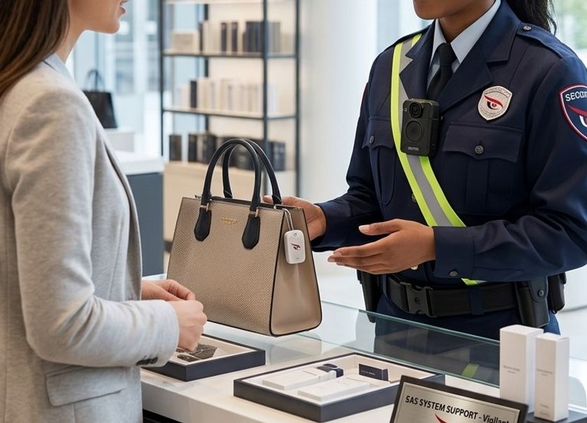 Retail security officer checking a customer's bag at the counter