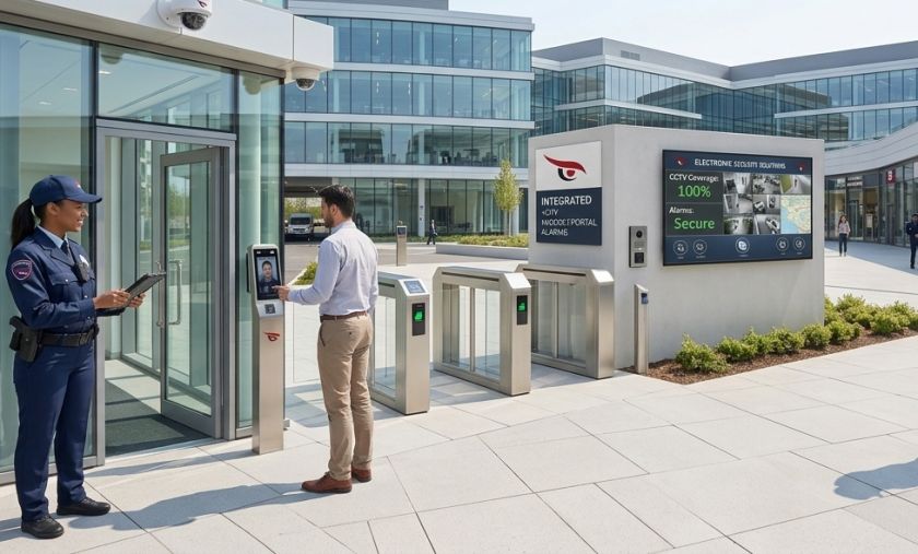 Integrated entrance with CCTV cameras, access-controlled turnstiles and a security officer