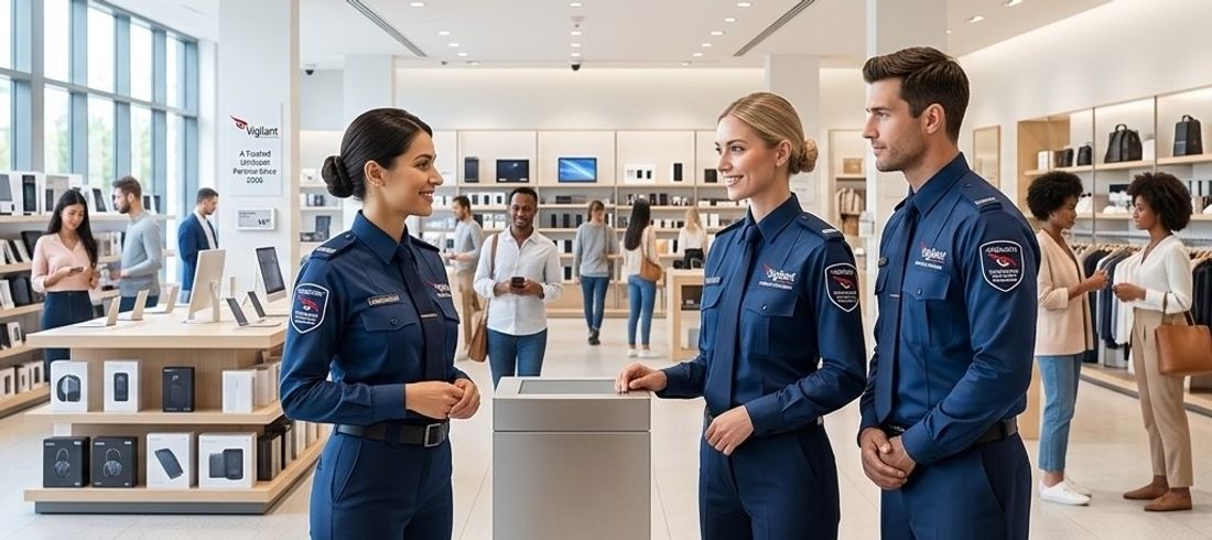 Uniformed retail security officers on the shop floor of an electronics store