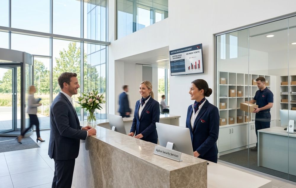 Front-of-house security staff greeting a visitor at a corporate reception desk