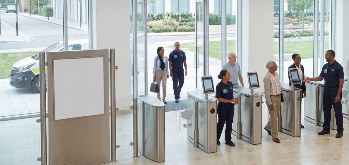 Door supervisors checking visitors through entry gates at a venue entrance
