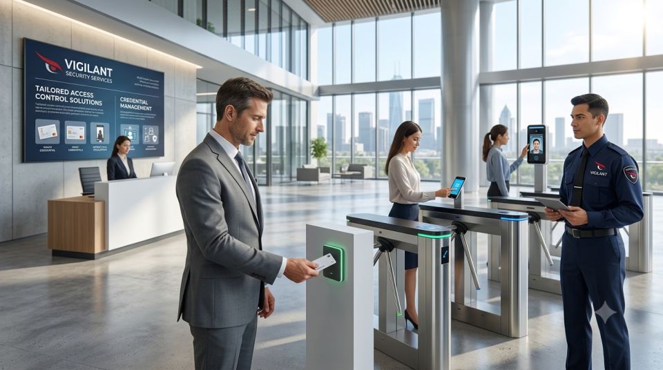 Vigilant engineer configuring an access control turnstile in an office lobby