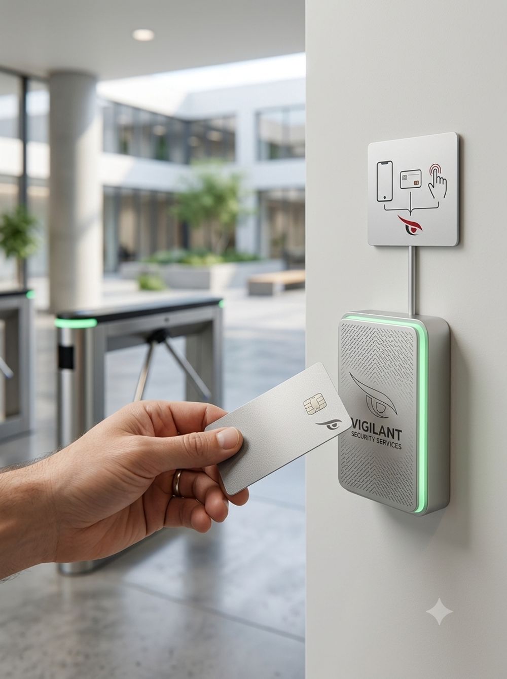 Contactless card presented to an RFID access control reader