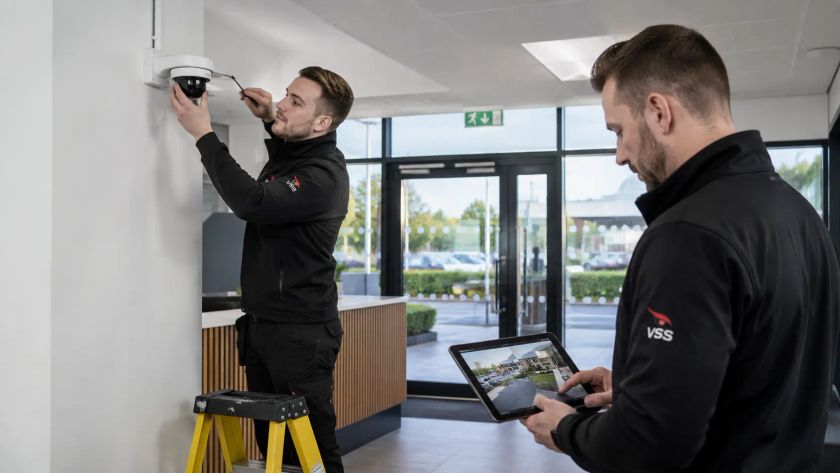 Vigilant engineer installing and testing electronic security hardware