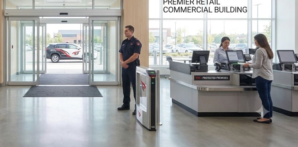 Security officer on post beside the EAS gates at a store entrance