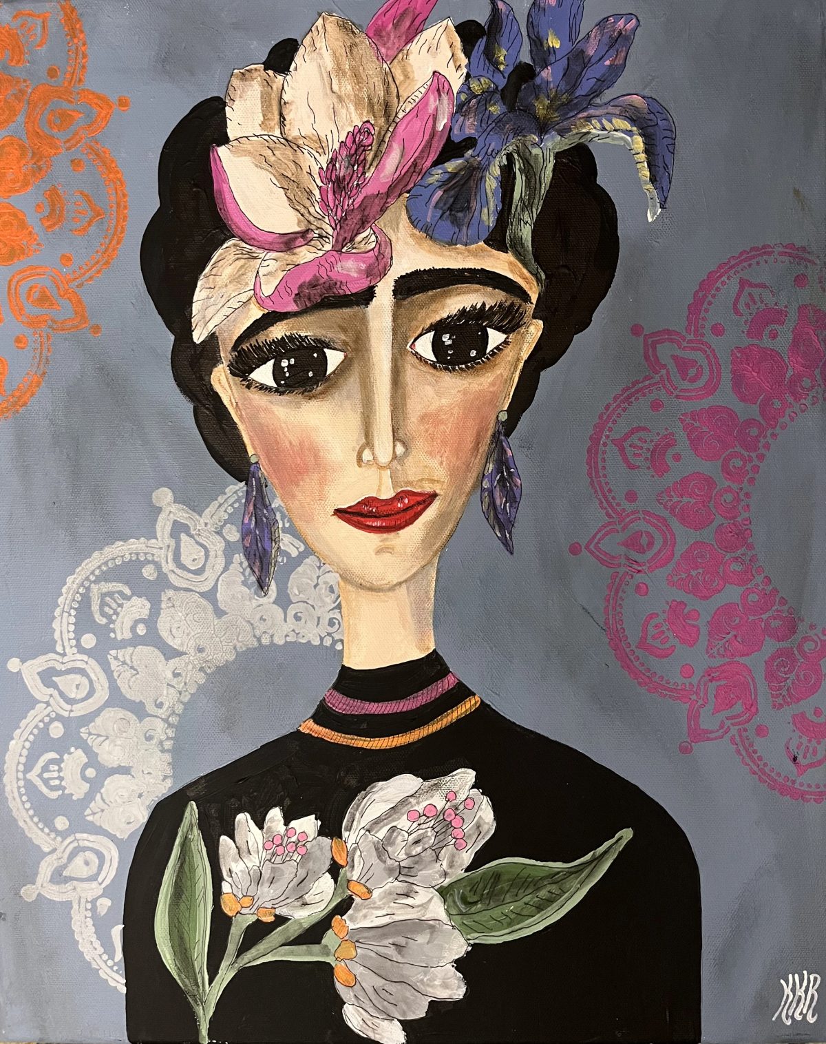 Obraz — portret kobiety z magnolią i irysem we włosach