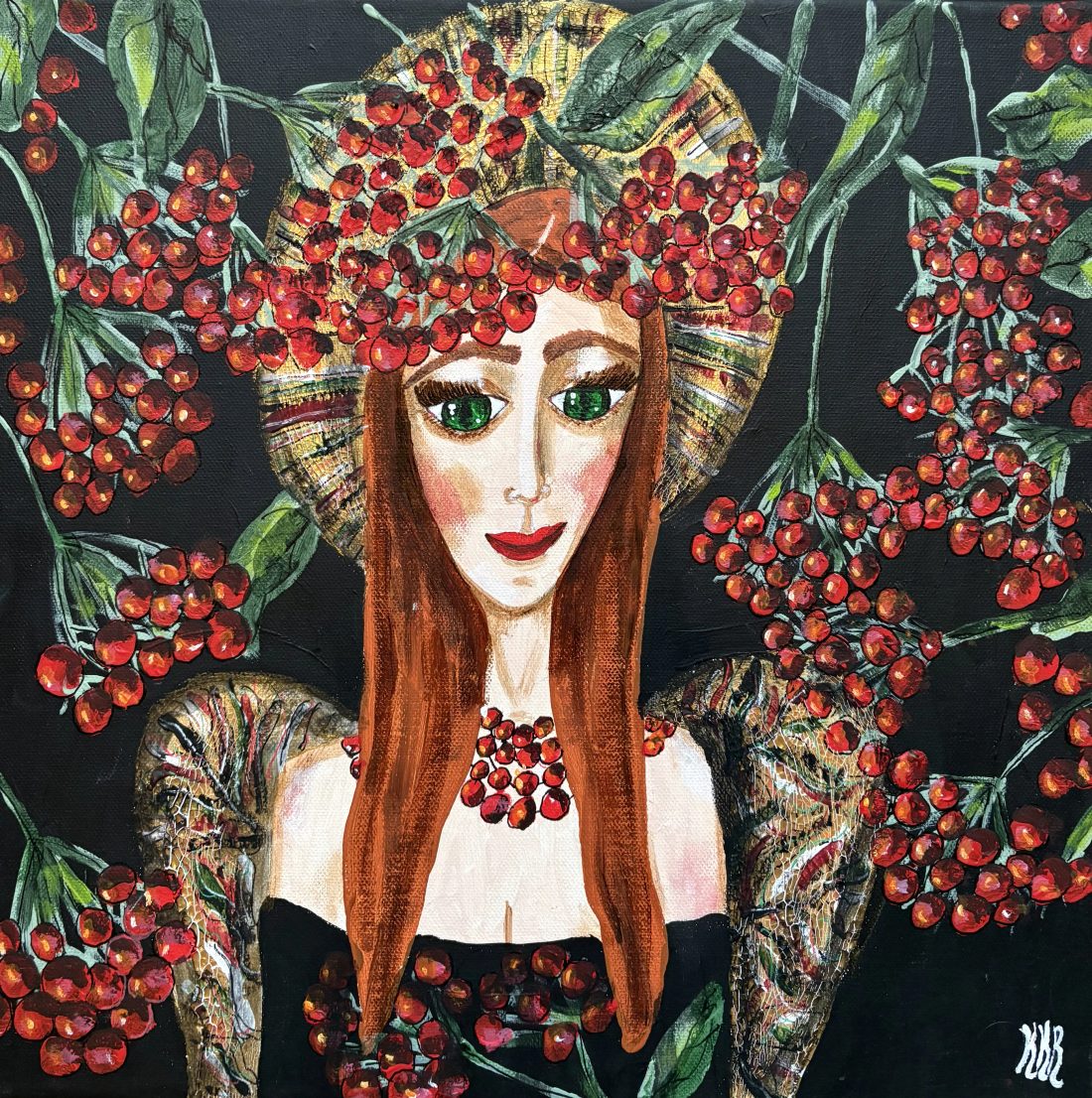 Obraz — portret kobiety w koronie z gron jarzębiny