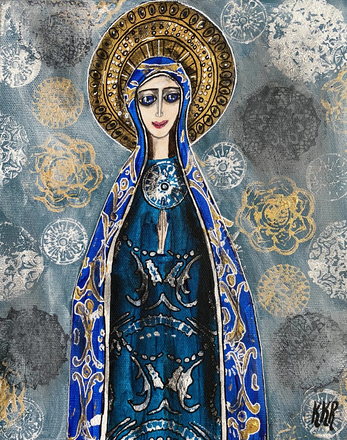 Obraz — Madonna w granatowej sukni wśród koronkowych rozet