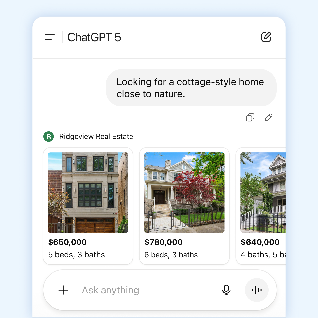 A ChatGPT 5 mobile app displaying a user's request for a cottage-style home, followed by real estate listings with images, prices, and bed/bath details.