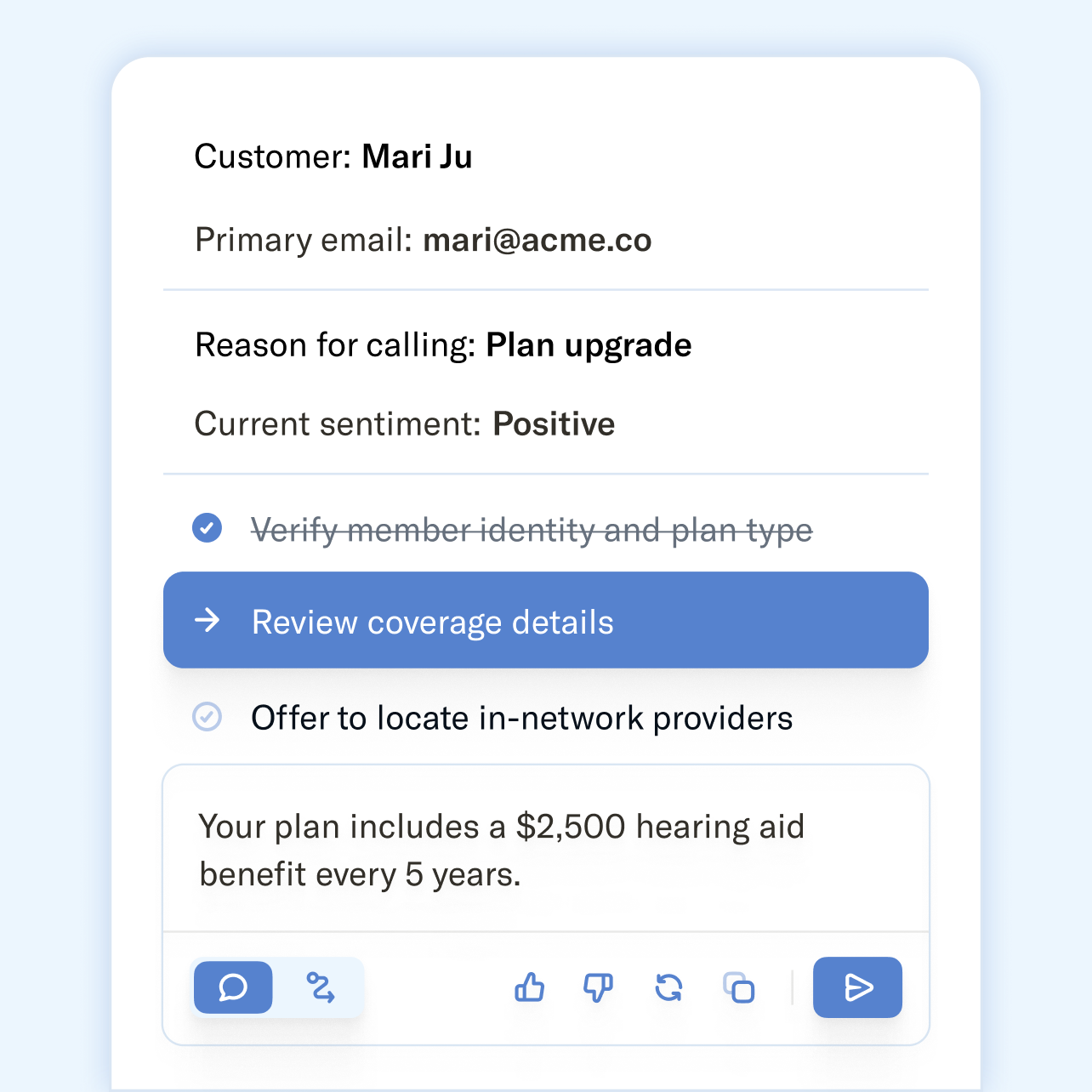 Customer service UI displaying Mari Ju's details: reason for calling 'Plan upgrade', 'Positive' sentiment, and a $2,500 hearing aid benefit.