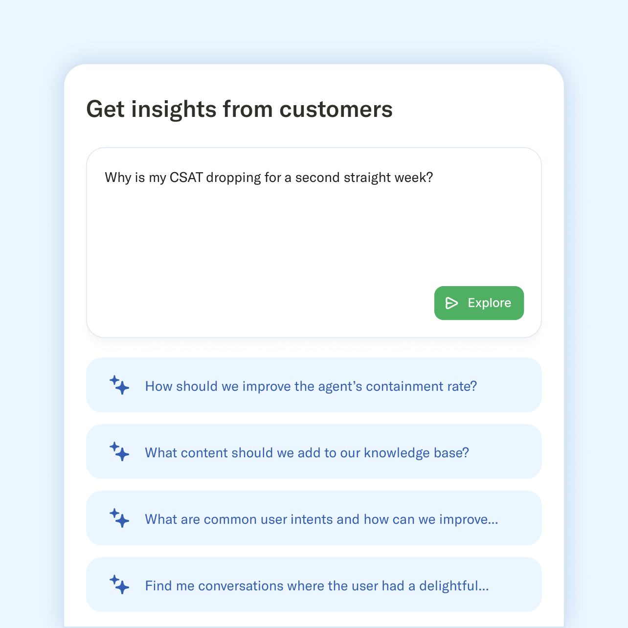 Customer insights tool interface with a query about CSAT drop and suggested questions.