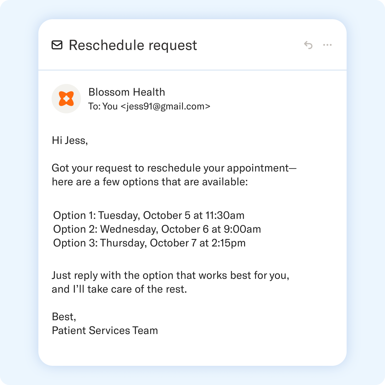 An email from Blossom Health offering three appointment rescheduling options for October 5, 6, and 7.