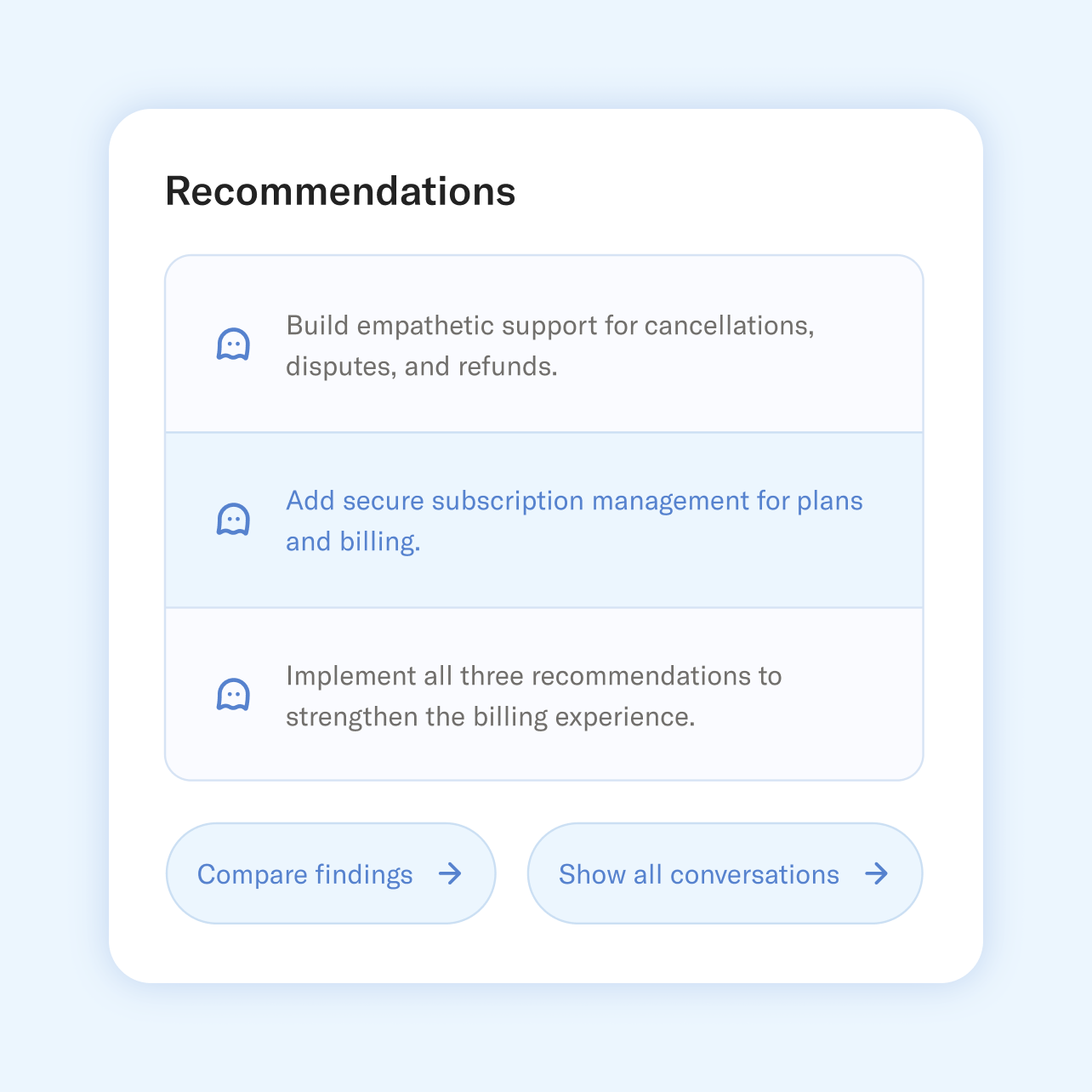 A UI card titled "Recommendations" displays three suggestions for improving billing and support, with "Add secure subscription management for plans and billing" highlighted. Below are "Compare findings" and "Show all conversations" buttons.