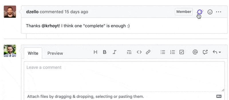 Demo of the extension: clicking on the Orbit icon in a GitHub issue comment displays that the author contributed 2 times to this repository, and 200+ times overall