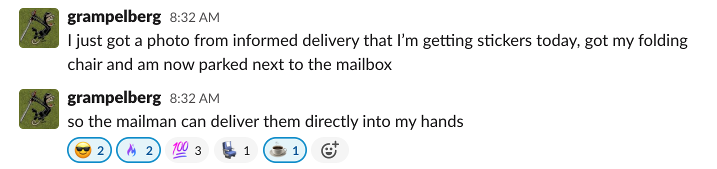 Screenshot of a Slack message involving a person excited about stickers 