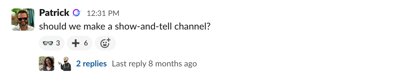 Screenshot of a slack message proposing the show-and-tell channel