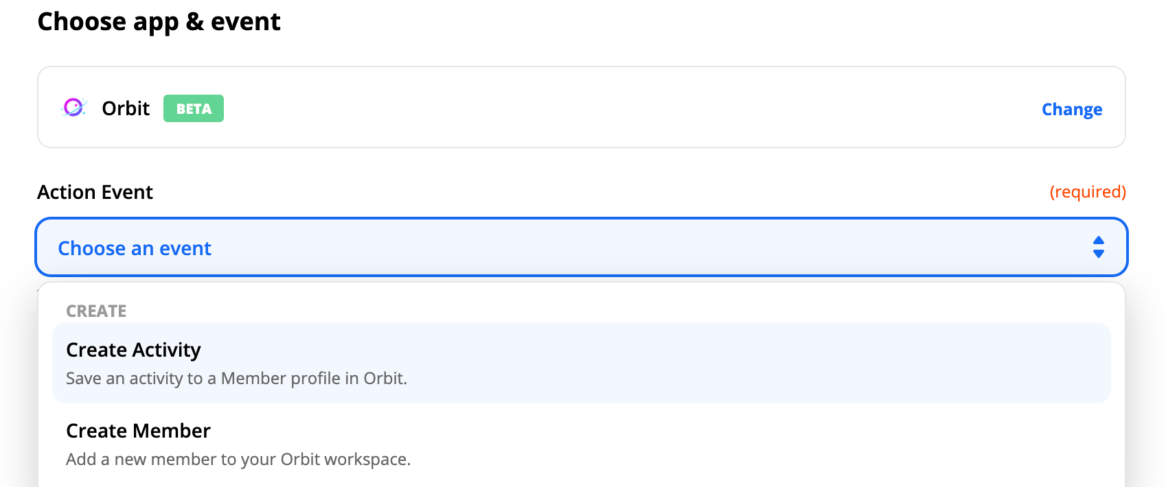 choose Create Activity for Orbit in Zapier