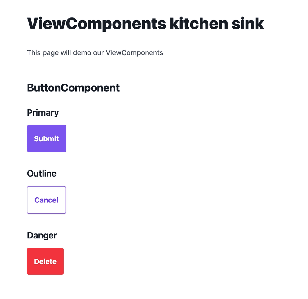 The Kitchen Sink page now displays three button: one is styled with the primary color, another is outline, and the third is red