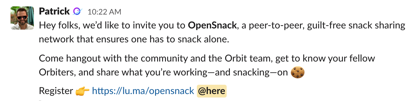 Screenshot of a Slack messaging including an invitation to OpenSnack