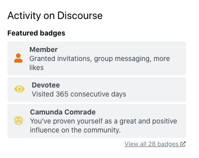 Screenshot of Discourse badges, including "Devotee" and "Camunda Comrade"