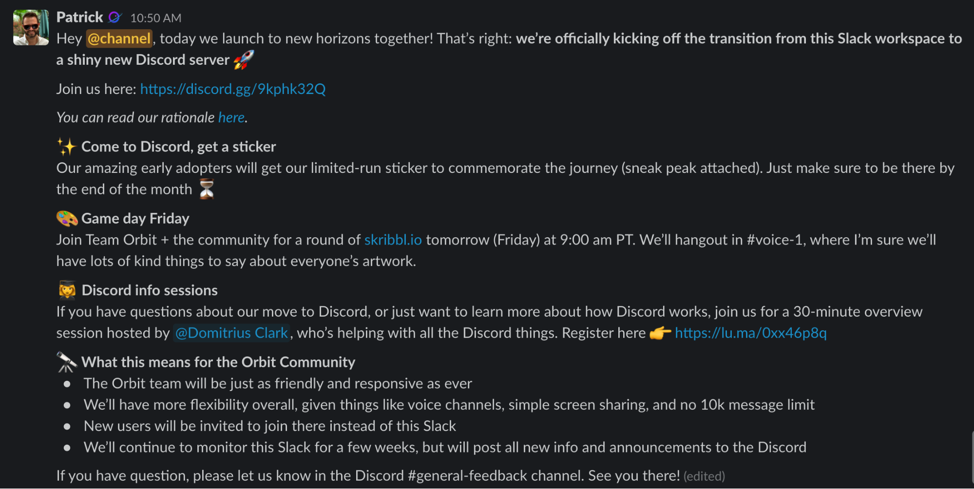 Screenshot of the Slack Announcement about migrating to Discord