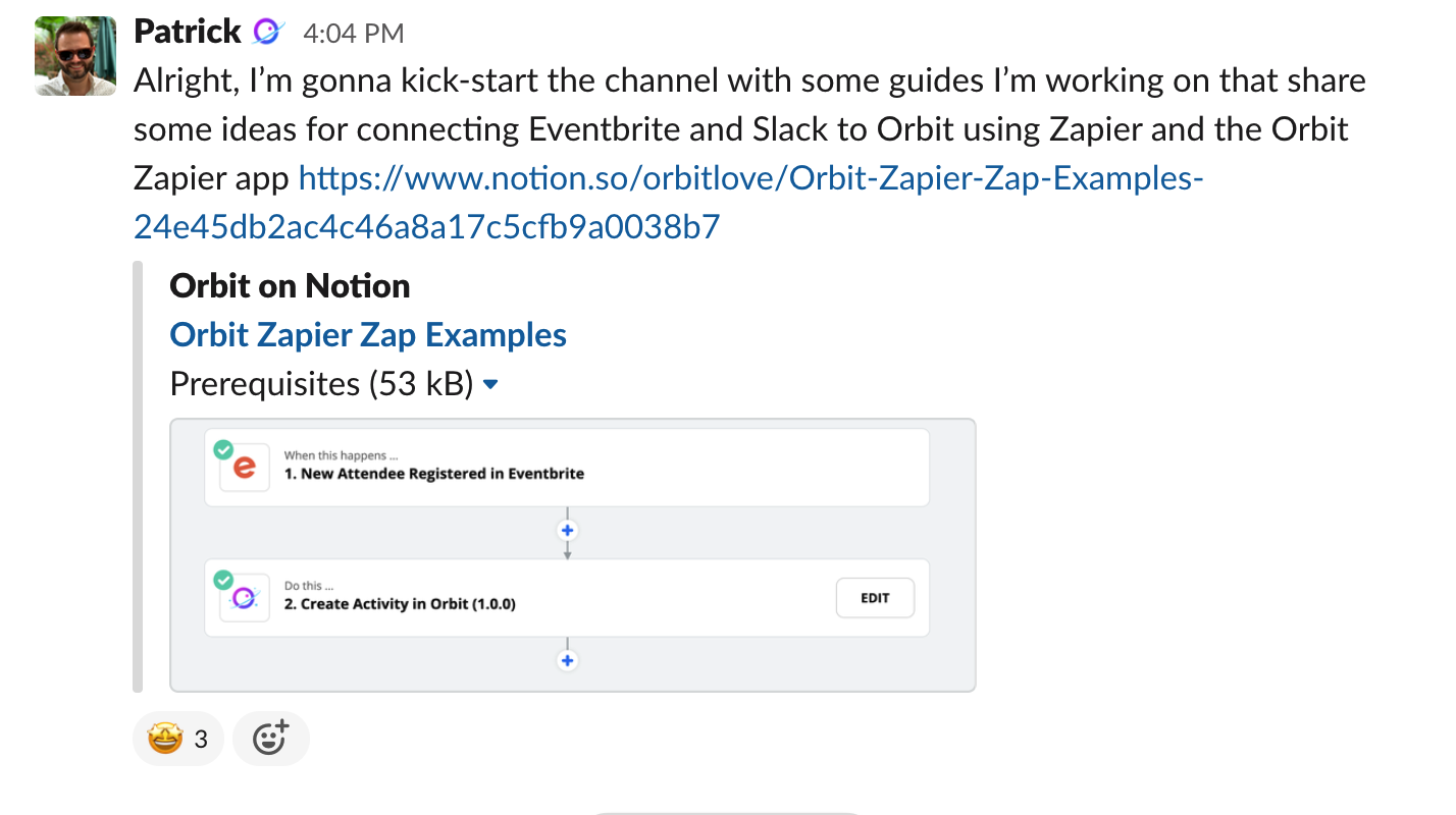 Screenshot of a slack message sharing a link to a library of Zapier examples 