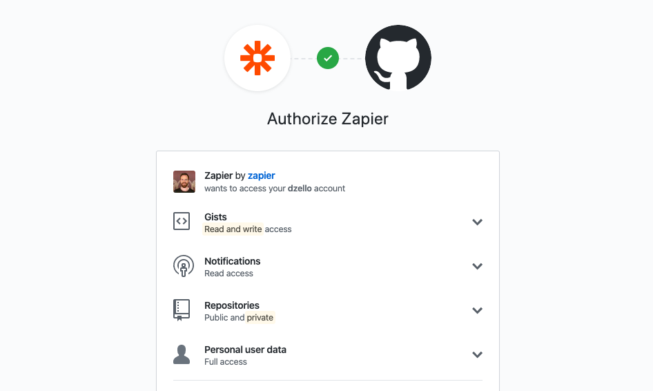 Authorize Zapier authentication dialog on GitHub