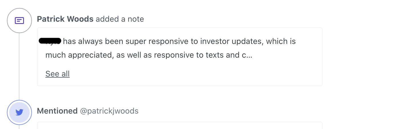 Screenshot showing a note on the Orbit timeline. The note says: "REDACTED has always been super responsive to investor updates, which is much appreciated, as well as responsive to texts and c…"