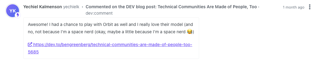 Example of DEV comment added to Orbit