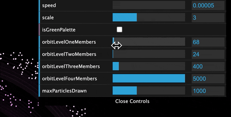 A control panel with slides to change values like orbitLevelOneMembers