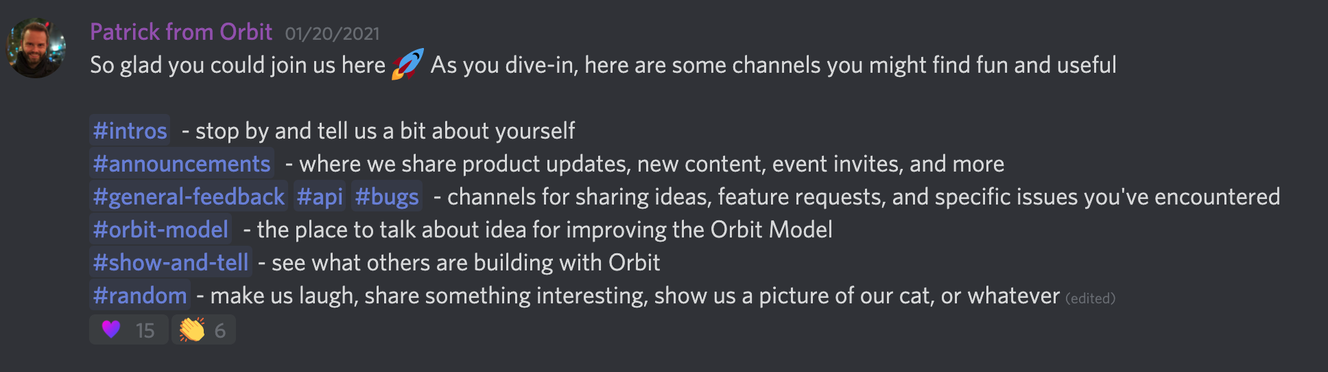 Screenshot of the Orbit Discord server welcome message