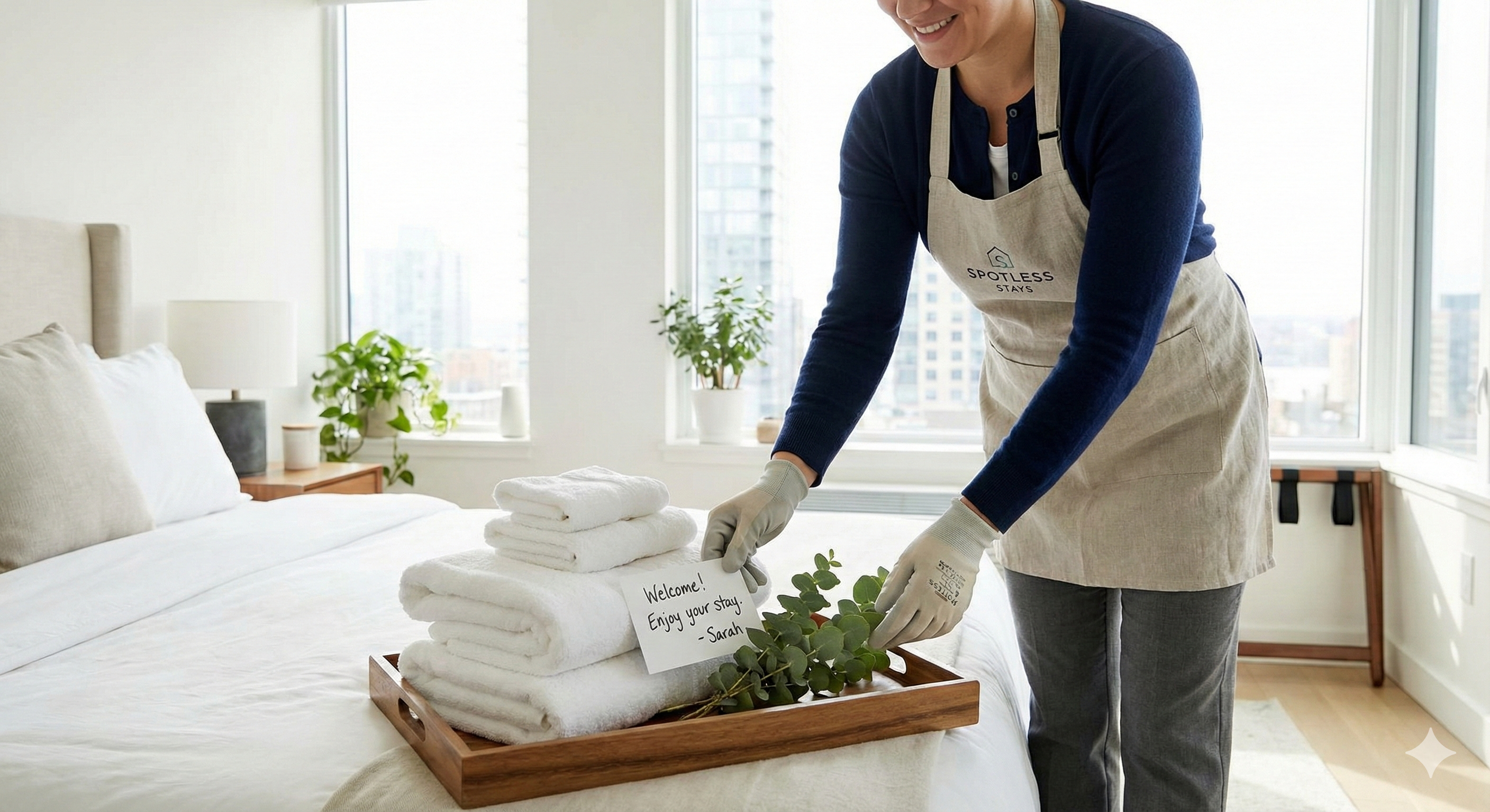 Housekeeper Preparing a Bed