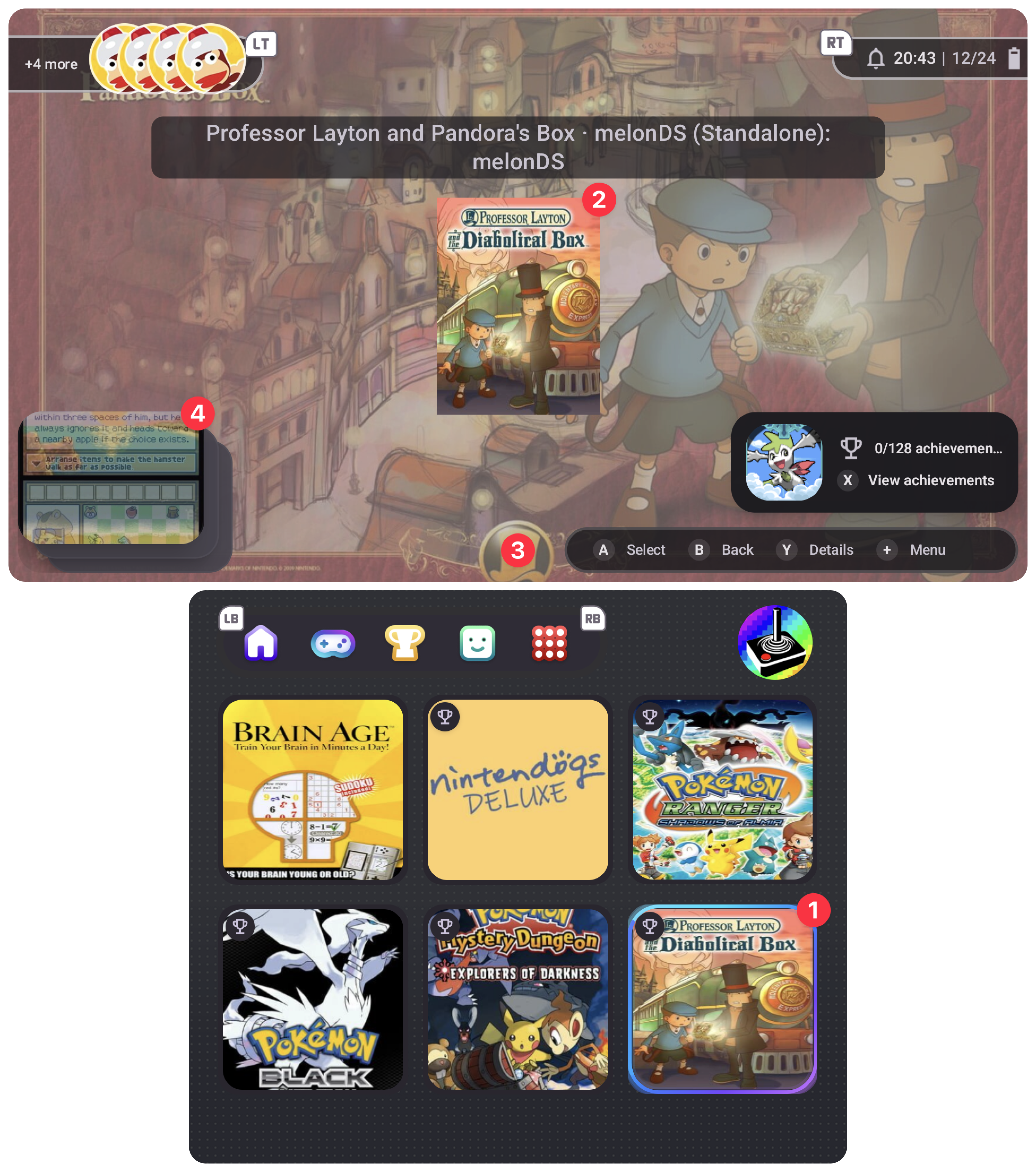 A game selection screen showing various Nintendo DS games including Professor Layton and Pandora's Box, Brain Age, Nintendogs Deluxe, Pokemon HeartGold, Pokemon Black, and Pokemon Mystery Dungeon: Explorers of Darkness.