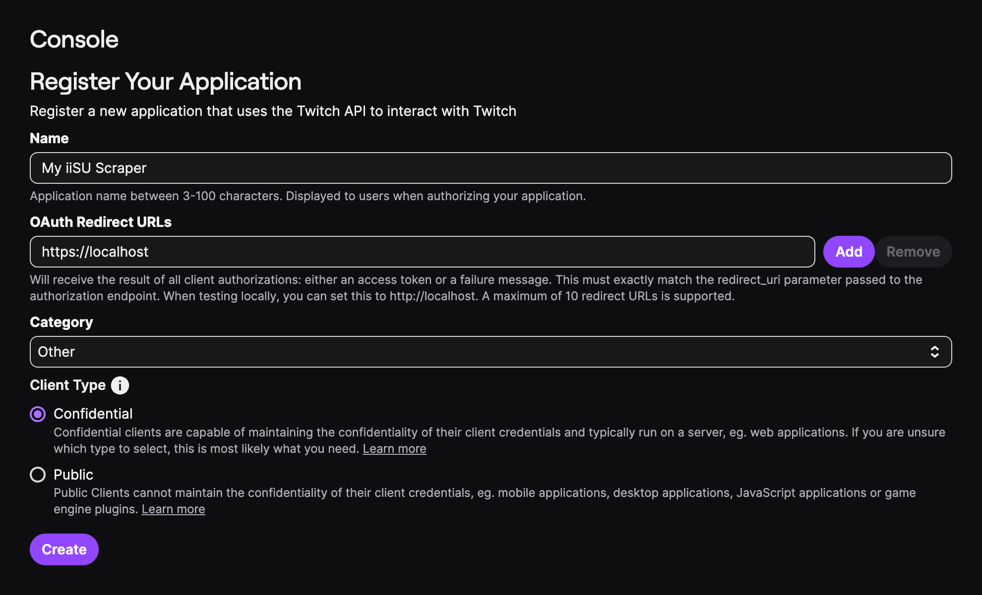A form for registering a new application that uses the Twitch API. The form includes fields for the application name, OAuth redirect URLs, category, and client type.