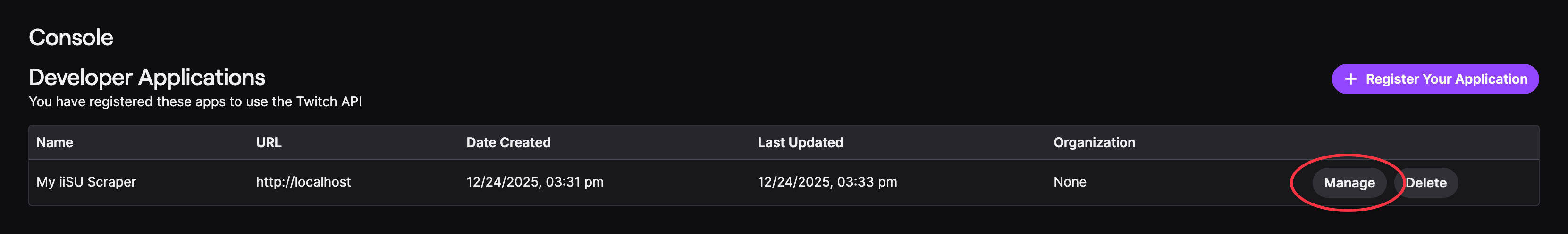 A screenshot of the Developer Applications Console showing a registered application named 'My iisu Scraper' with options to manage or delete it.