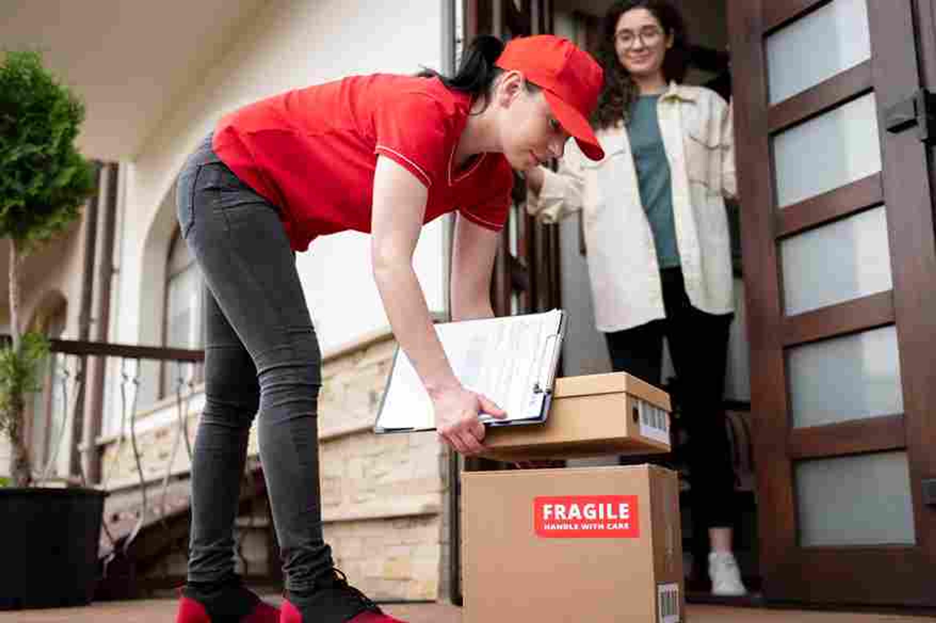 Delivery worker dropping off packages, highlighting rising shopper frustrations with merchants.