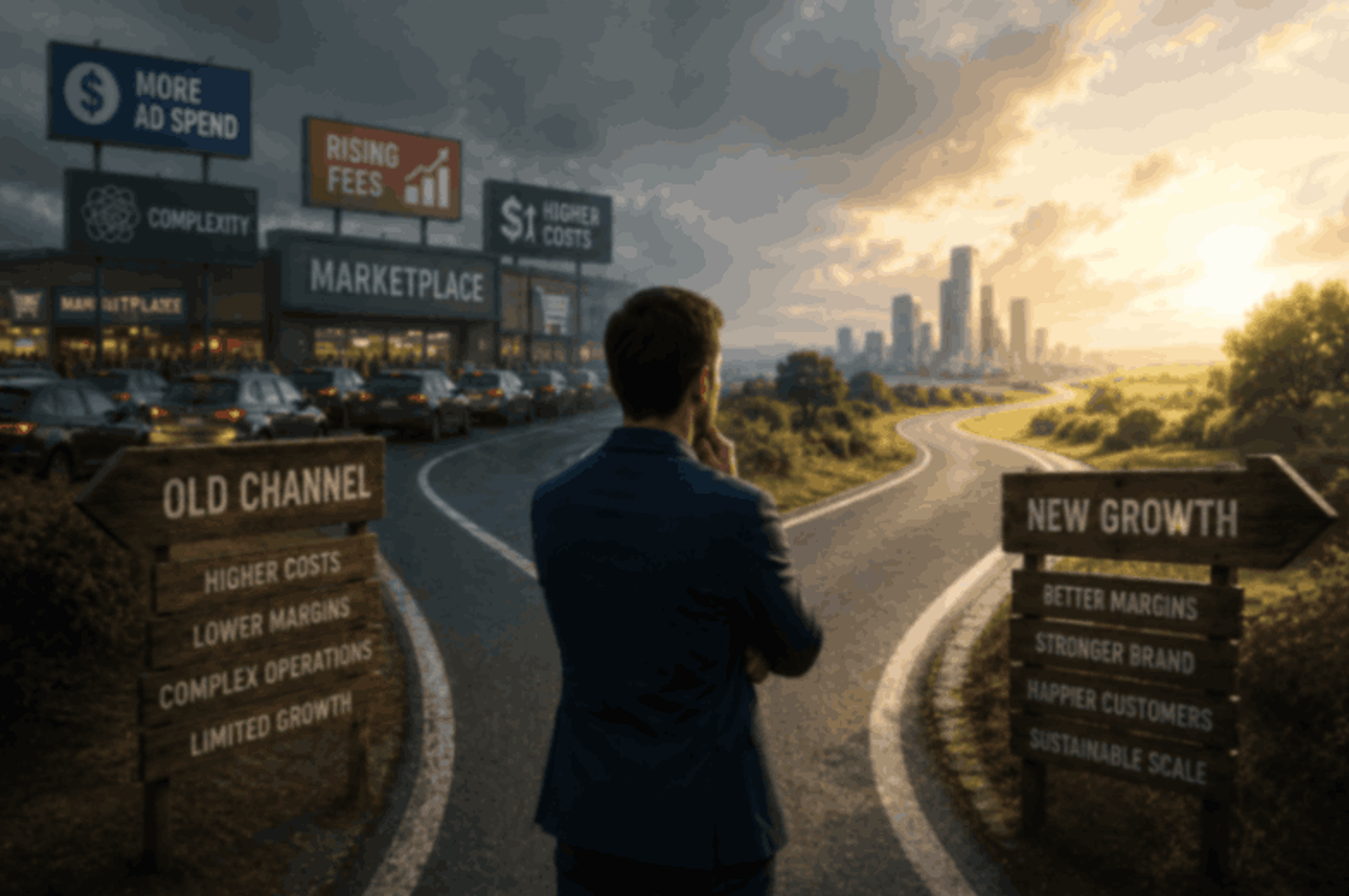 A businessman chooses between a saturated sales channel and a path toward sustainable growth.