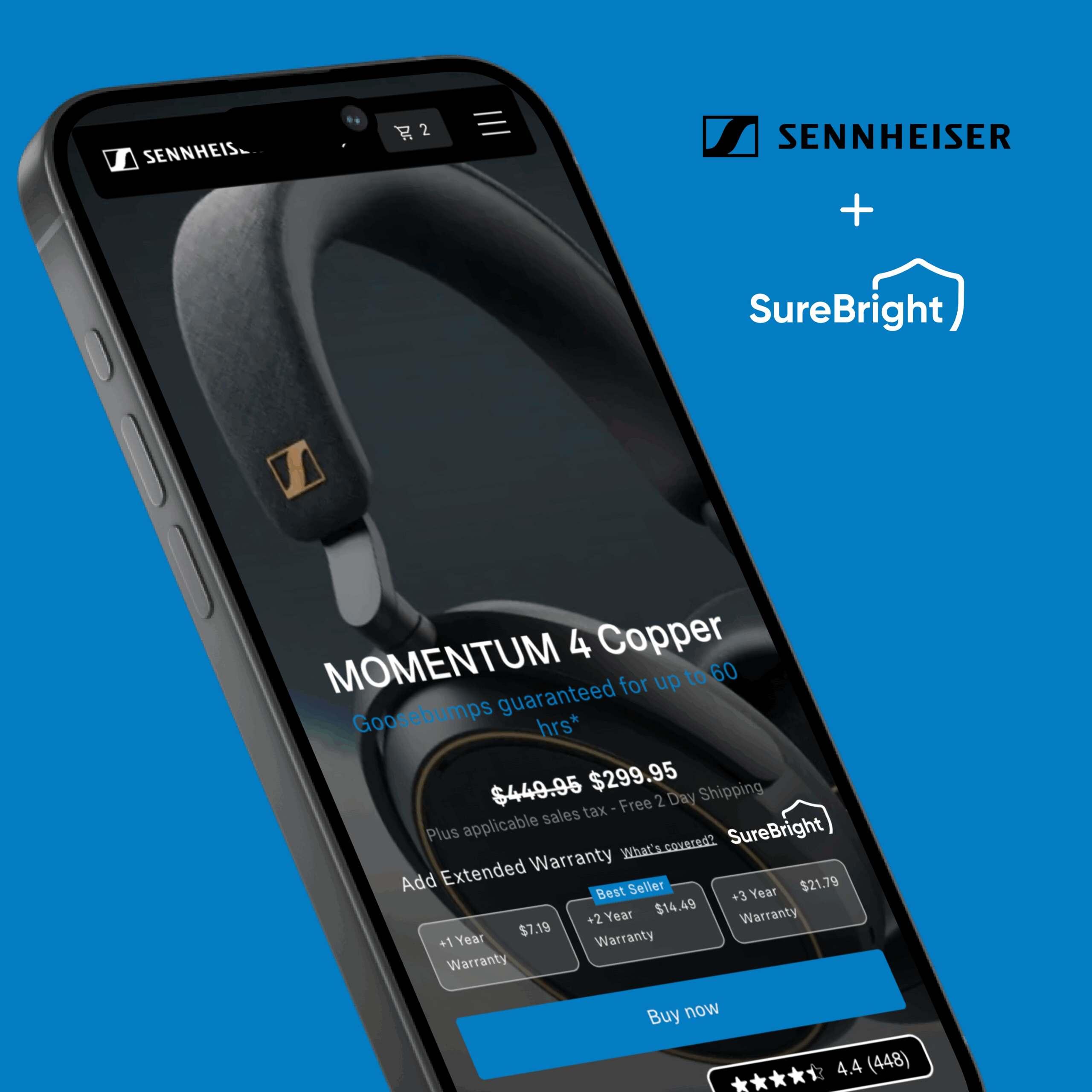 Smartphone displaying Sennheiser headphones with extended warranty options for merchants.