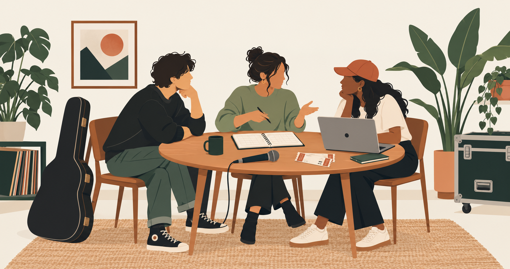 Three music professionals are seated at a table discussing.