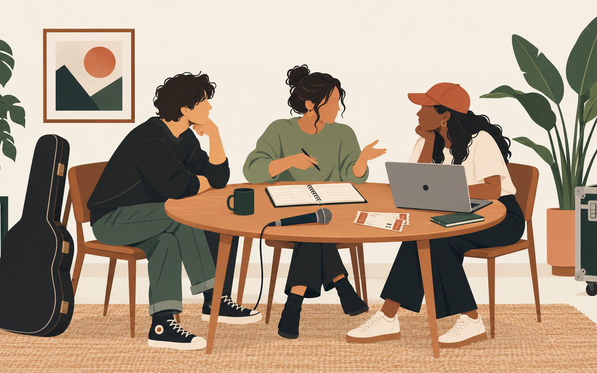 Three music professionals are seated at a table discussing.