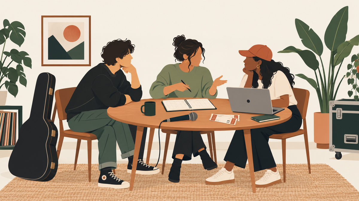 Three music professionals are seated at a table discussing.