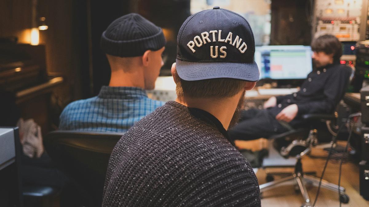 Musicians working in a studio