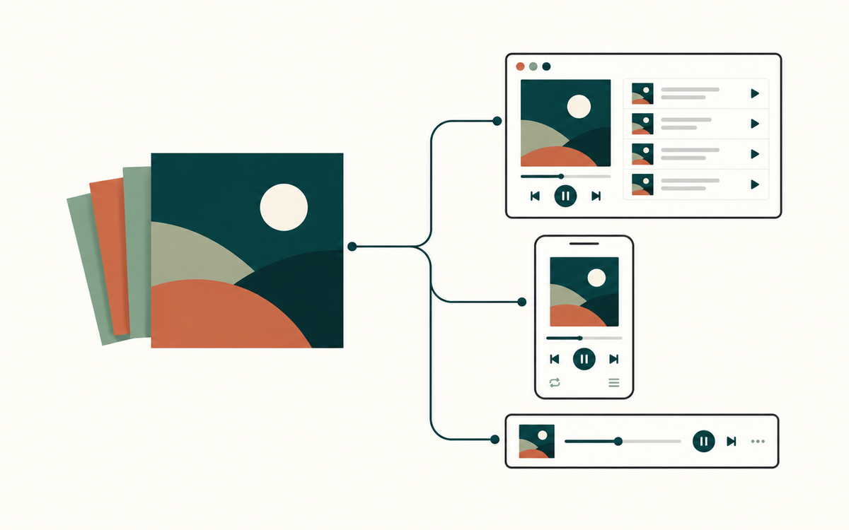 Illustration of a music release connected to desktop, mobile, and compact music players, showing its distribution across digital platforms.